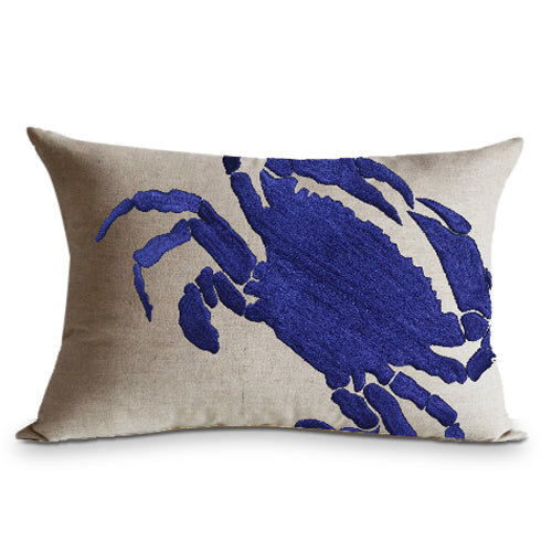 Crab embroidered linen pillow, decorative throw pillow, beach pillows