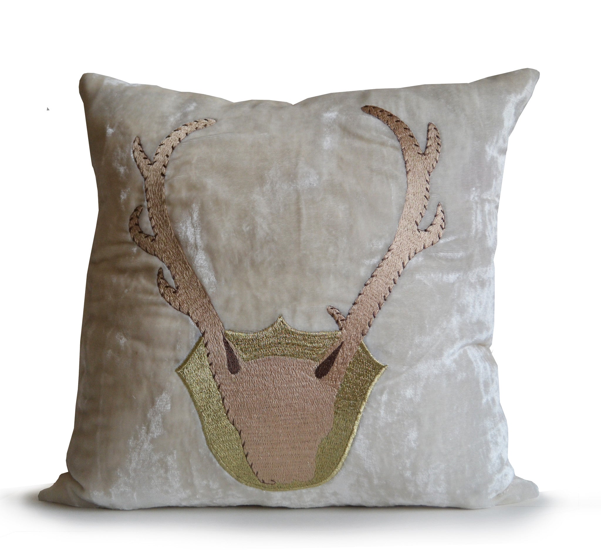 Handmade ivory velvet throw pillow with golden antler embroidery