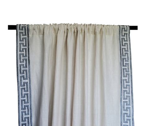 Ivory linen curtains with grey Greek Key embroidery