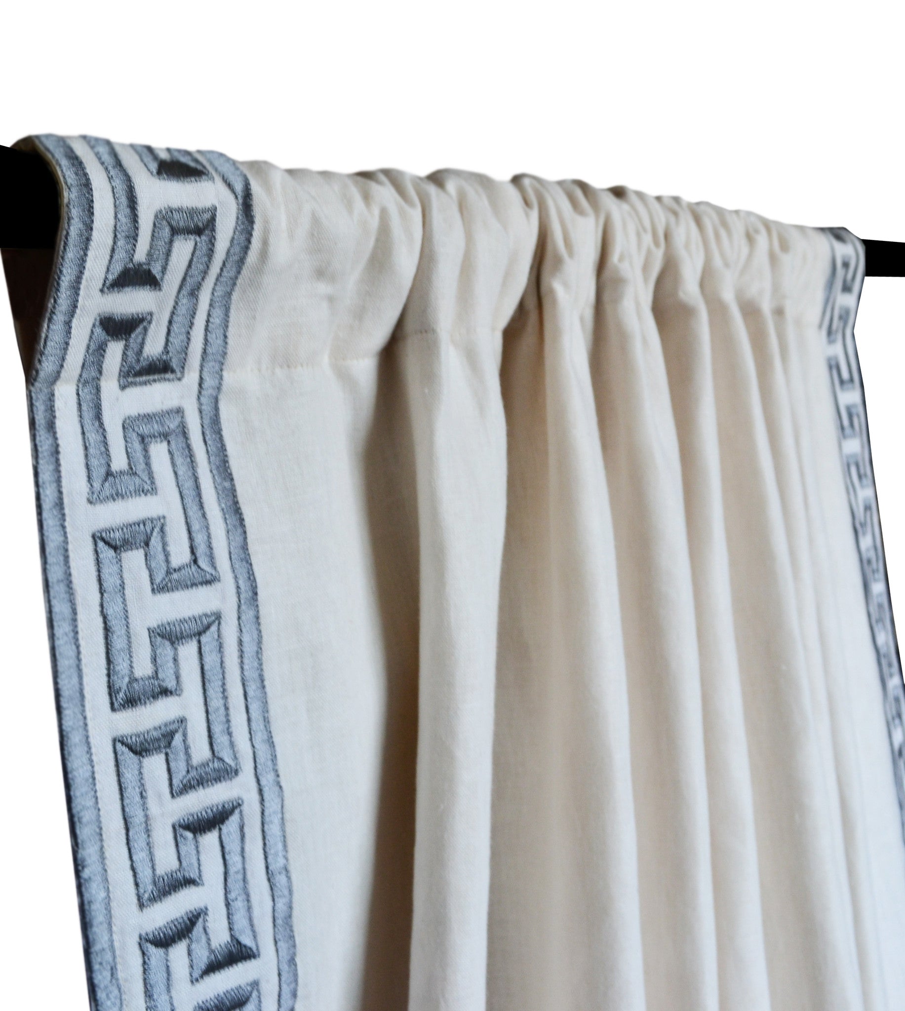 Ivory linen curtains with grey Greek Key embroidery