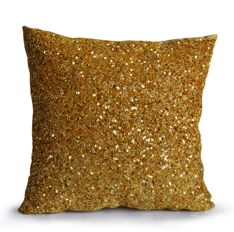 Handcrafted gold sequin pillow with personalized message