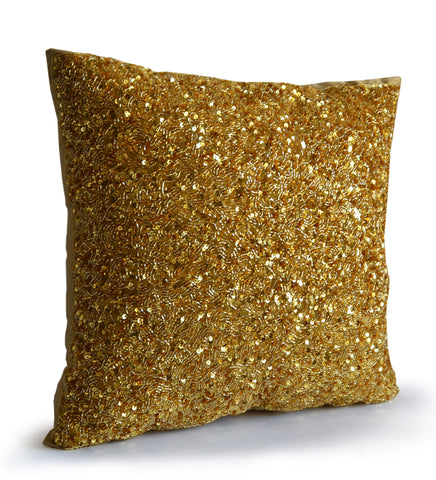 Handcrafted gold sequin pillow with personalized message