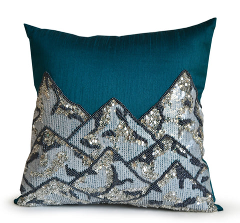 Handmade teal silk throw pillow cover with snow covered mountain design