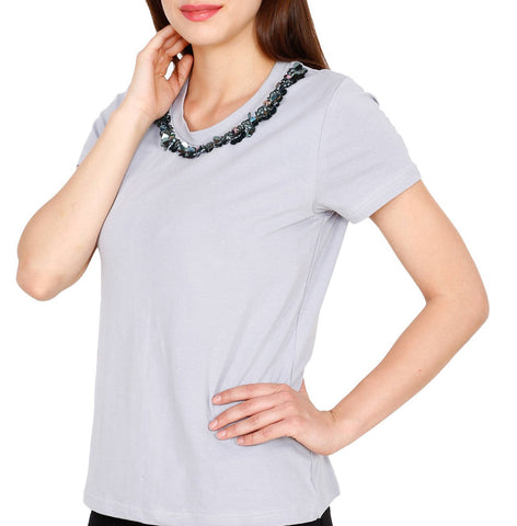 Amore Beaute Handmade Gray Sequin Embellished Casual Cotton T-Shirt