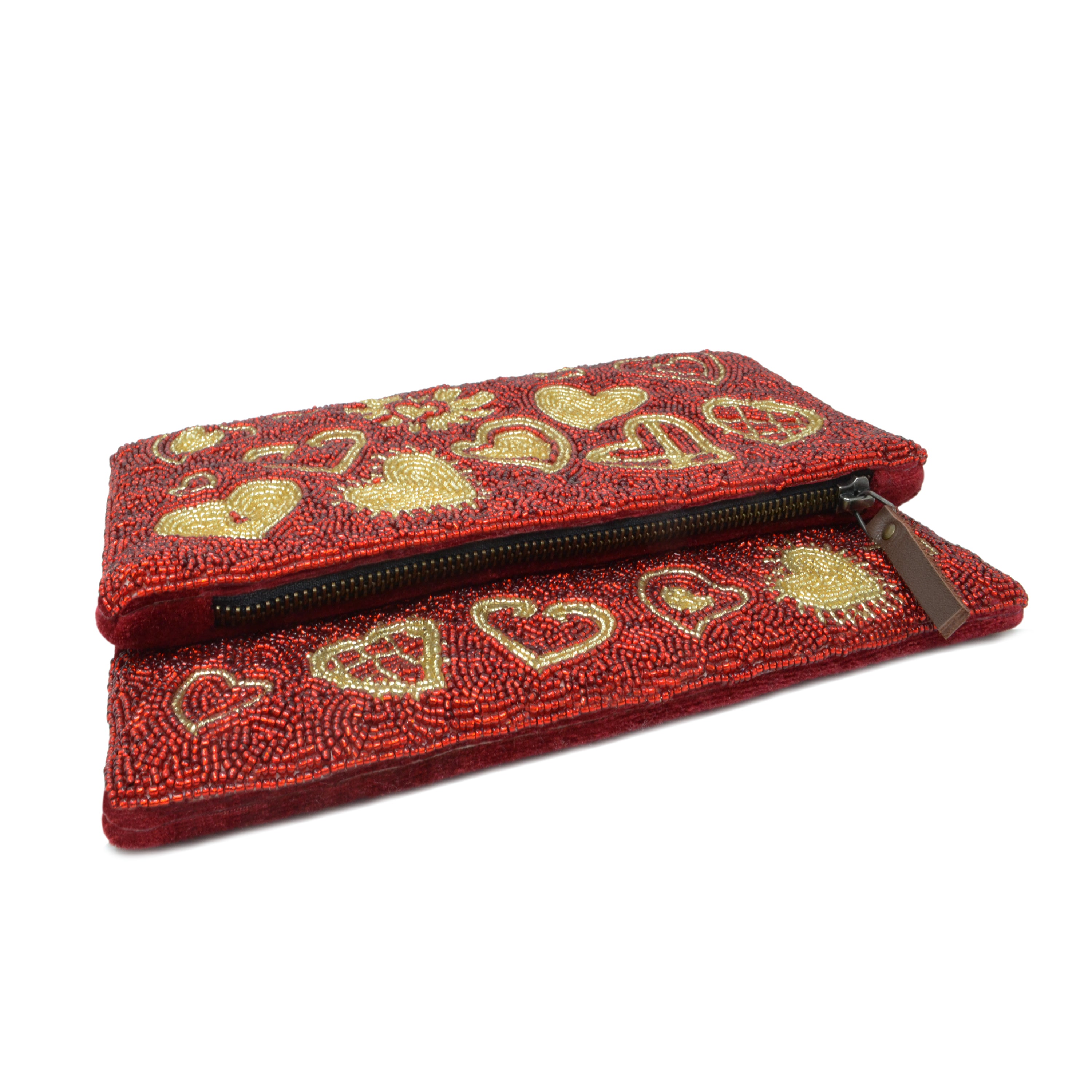 Red and Gold Heart Beaded Fold Over Clutch