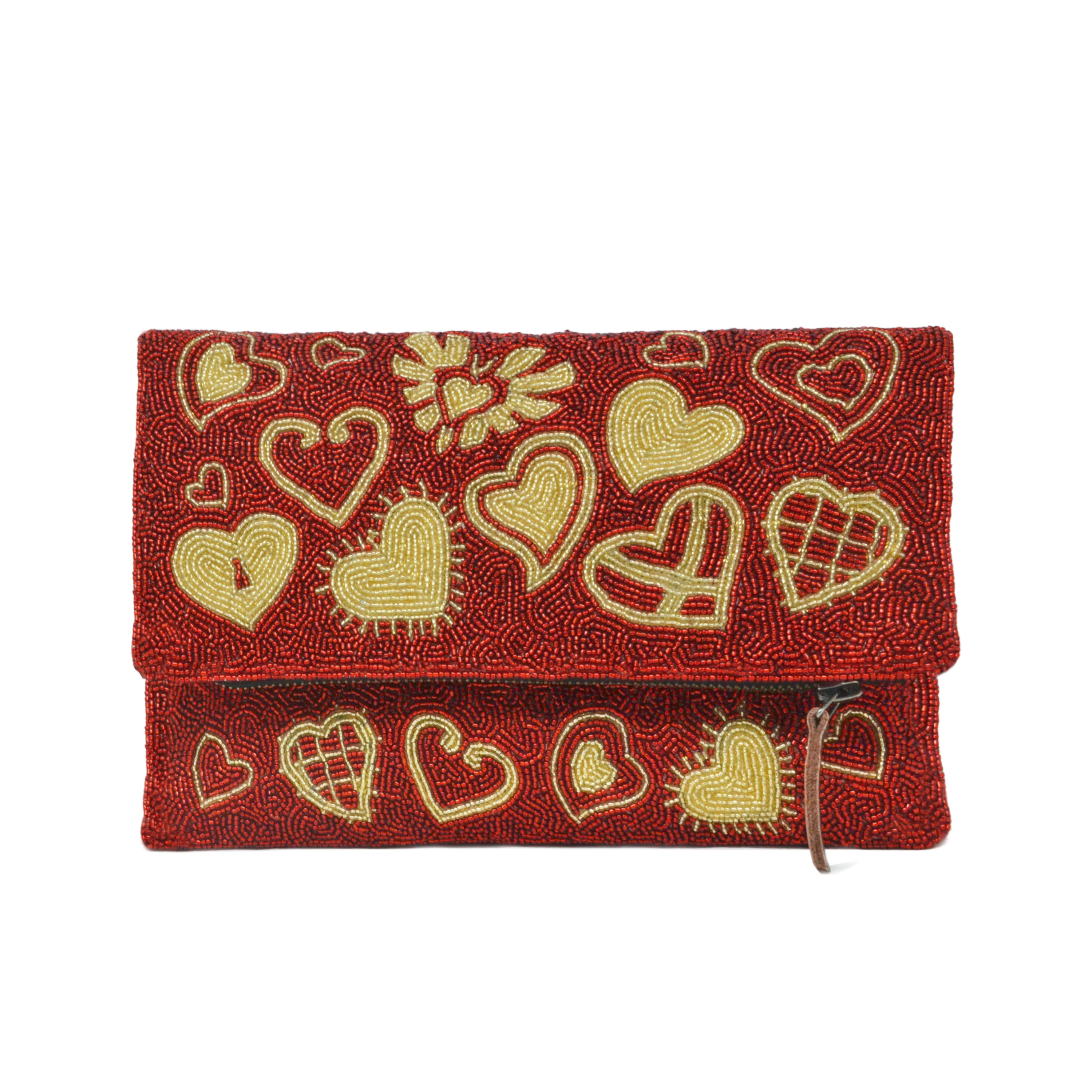 Red and Gold Heart Beaded Fold Over Clutch