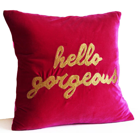 Hello gorgeous hand embroidered decorative throw pillow cover, gift for dorm girl