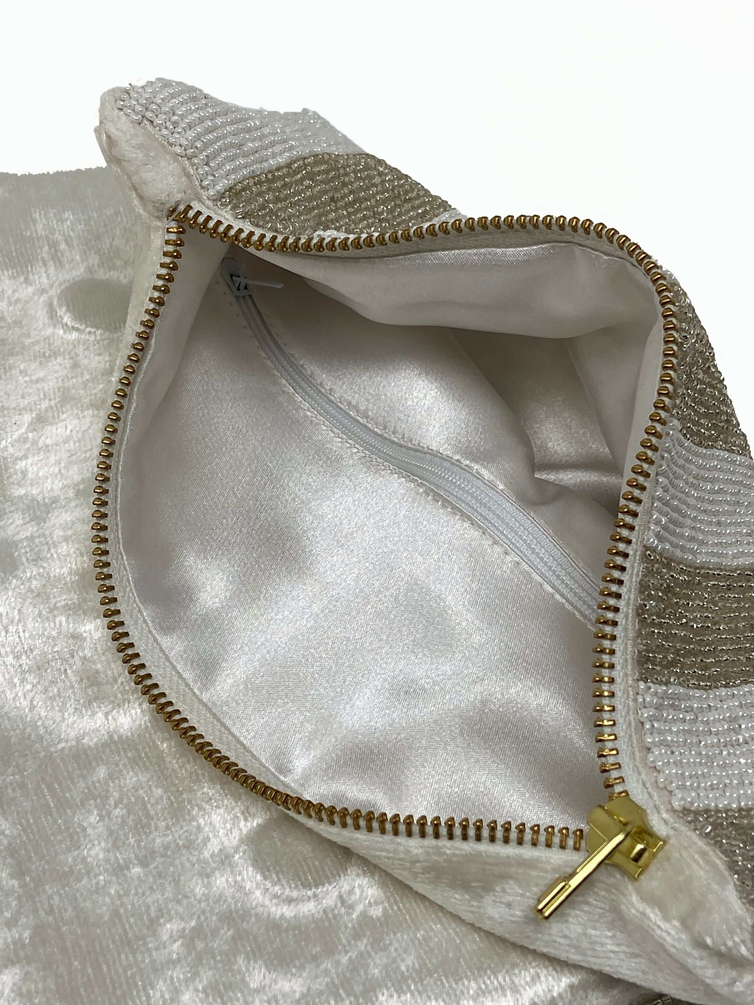 Amore Beaute Ivory Beaded Velvet Bag With an interior zip pocket