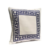 Amore Beaute Square and lumbar Greek Key decorative throw pillow cover in ivory cotton velvet with navy embroidered Greek Key.