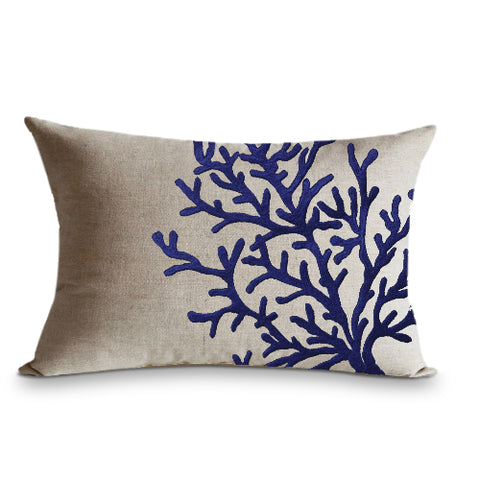 Coral embroidered linen pillow cover, Mediterranean Pillow case, Throw cushion cover
