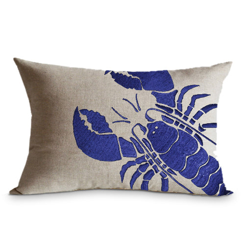 Lobster embroidered linen pillow , Beach pillow case