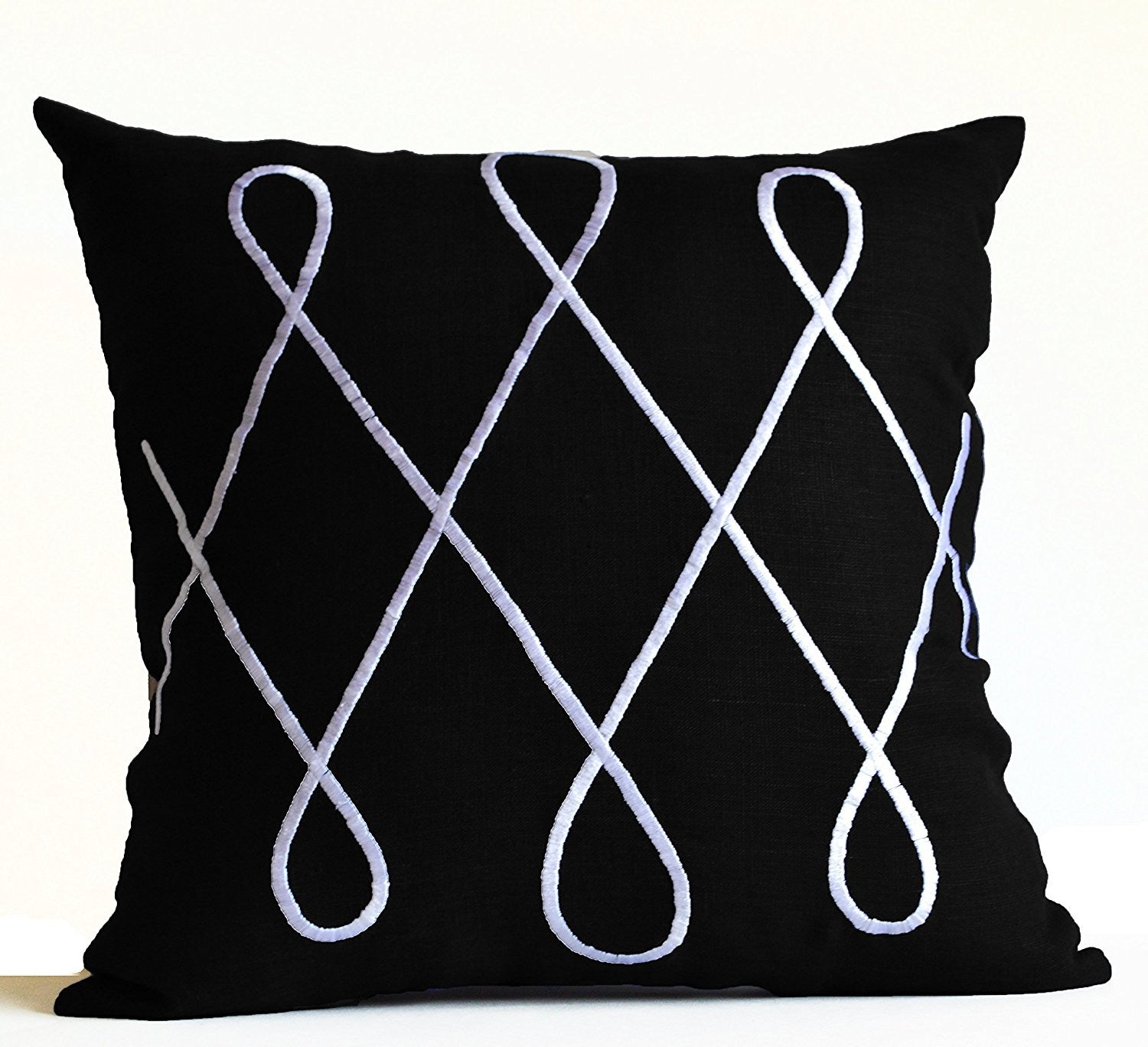 Amore Beaute Hand Embroidered Midnight Black Linen White Loop Pillow Cover, dorm room pillow 