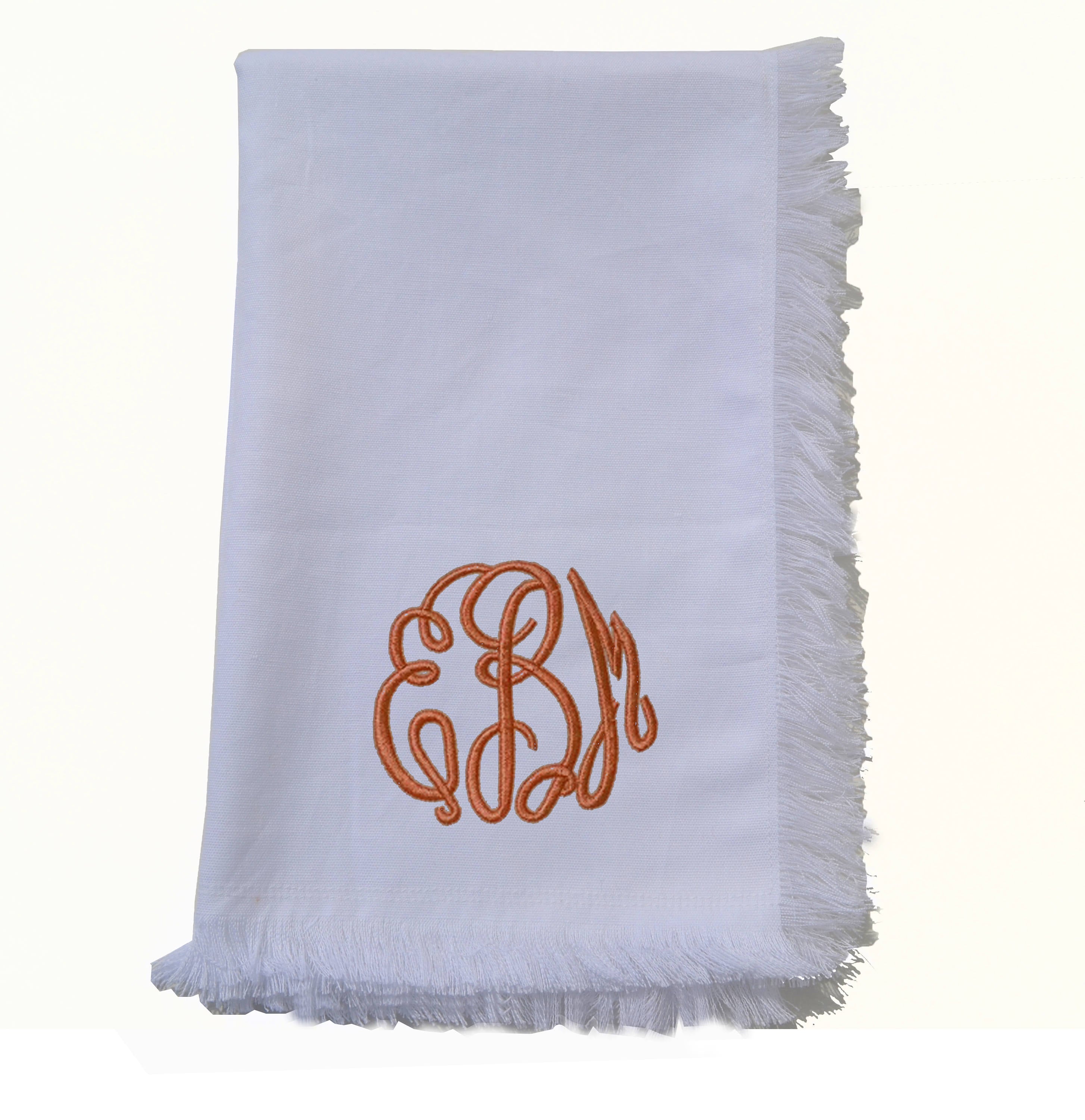 White cotton monogrammed tea towel, Tea towel with fringes