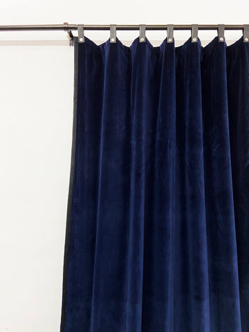 Amore Beaute Navy Velvet Curtain With Black Trim and Leather Tabs