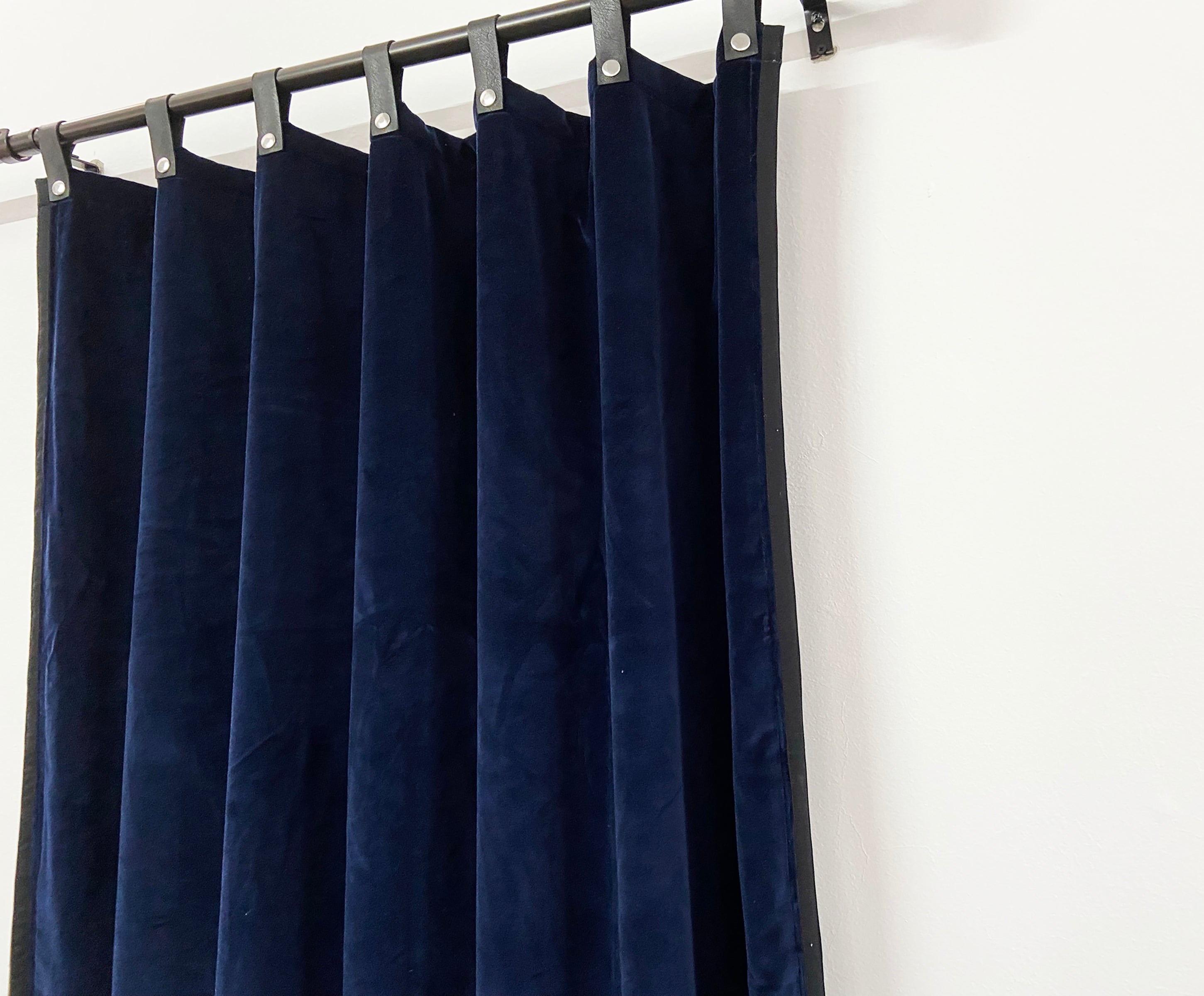 Navy Velvet Curtain With Black Trim And Leather Tabs