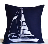Handmade navy blue linen throw pillow with yacht motif