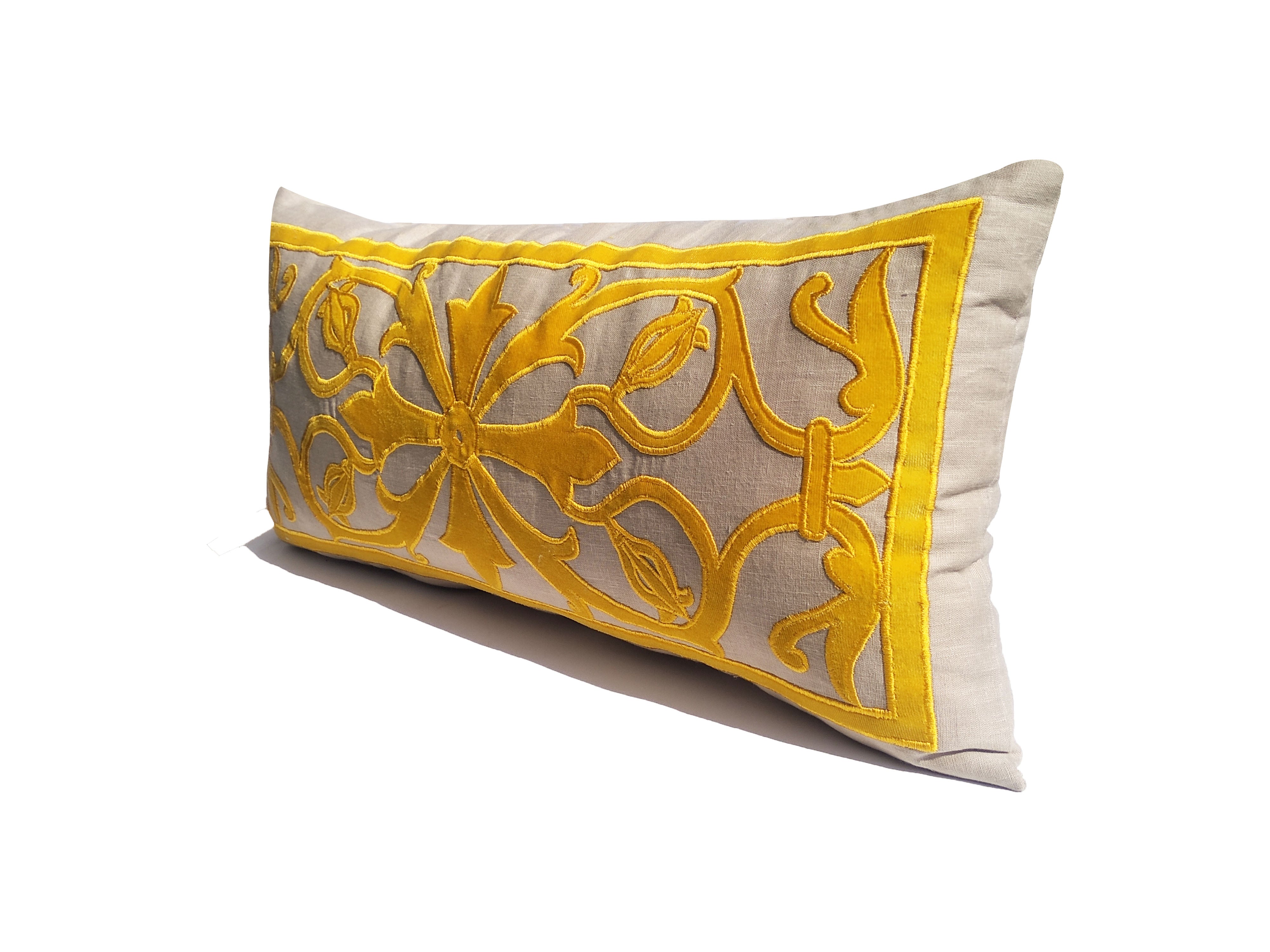 Amore Beaute Grey linen pillow cover with yellow velvet pillow to create a textured floral pattern.