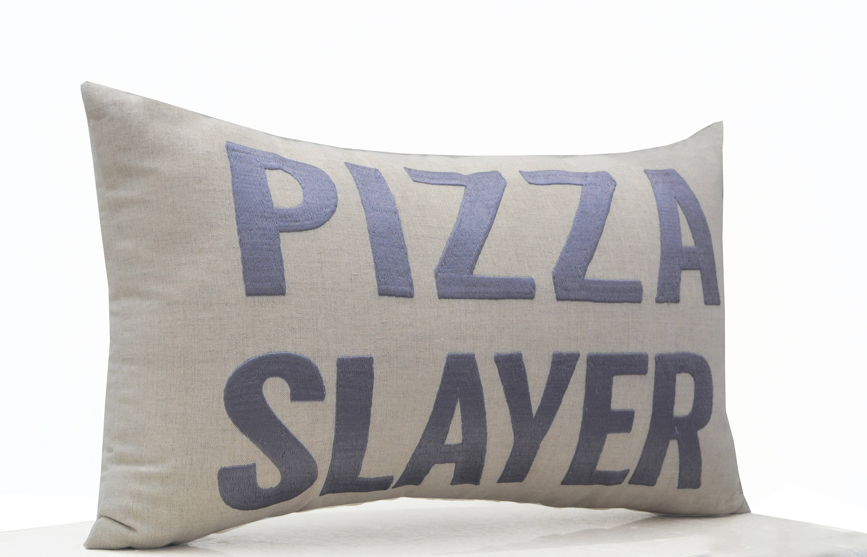 Handcrafted embroidered pillow cover, Pizza slayer cushion