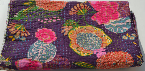 Handcrafted purple cotton bedspread in floral design