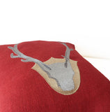Handmade burlap red throw pillow with deer antler embroidery