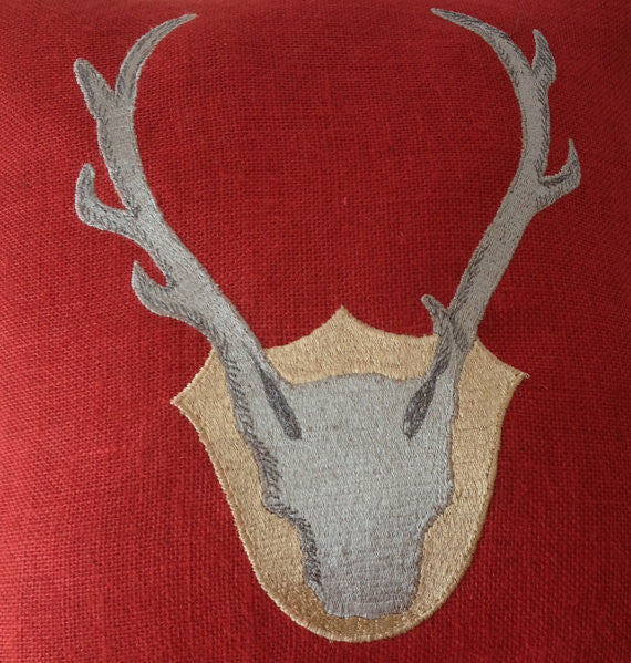 Handmade burlap red throw pillow with deer antler embroidery