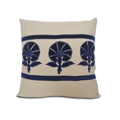 Amore Beaute Grey Beige Linen Decorative Pillow Cover With Navy Blue Velvet Applique -Palmette Motif Pillow Cover