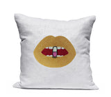 Amore Beaute White Linen With Gold Lips Chill Pill Pillow Cover