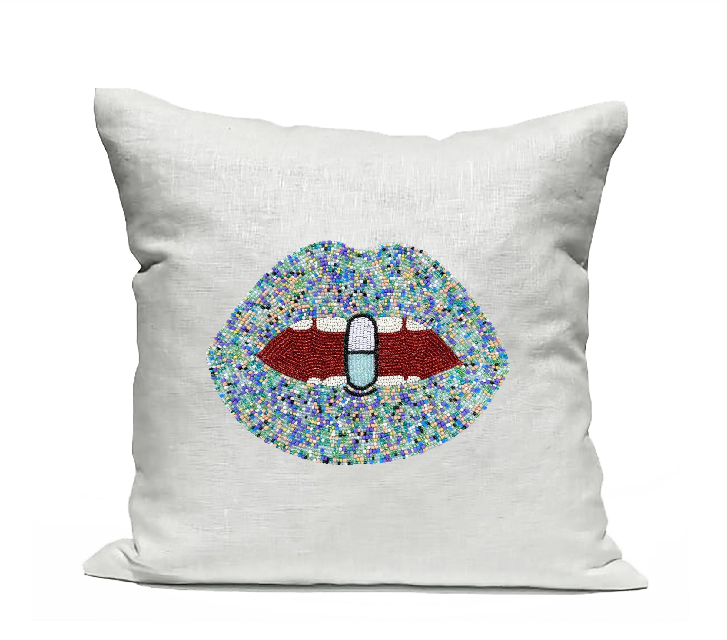 Amore Beaute White Linen With Multi Color Blue Lips Chill Pill Pillow Cover