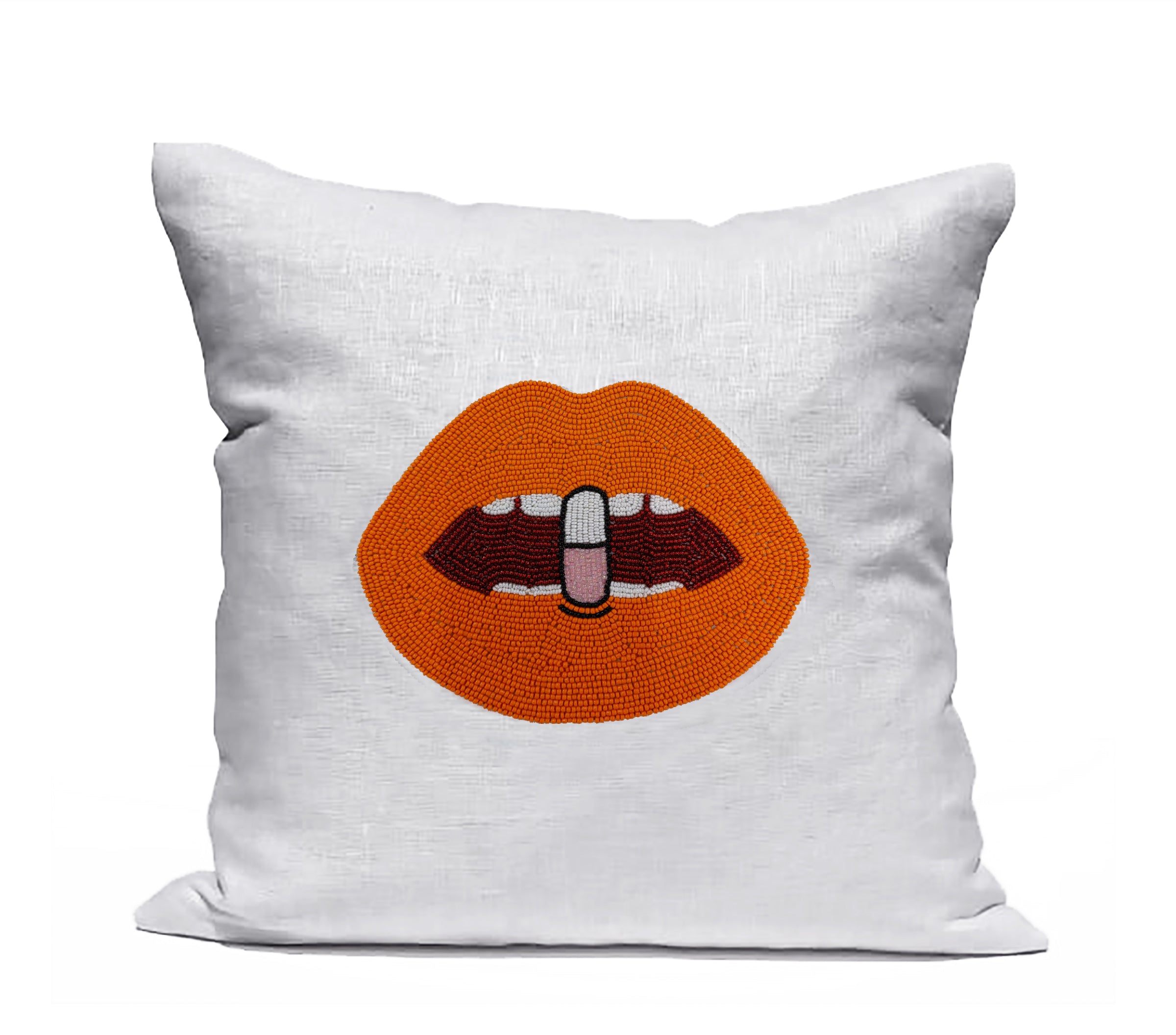 Amore Beaute White Linen With Orange Lips Chill Pill Pillow Cover, back to school gift
