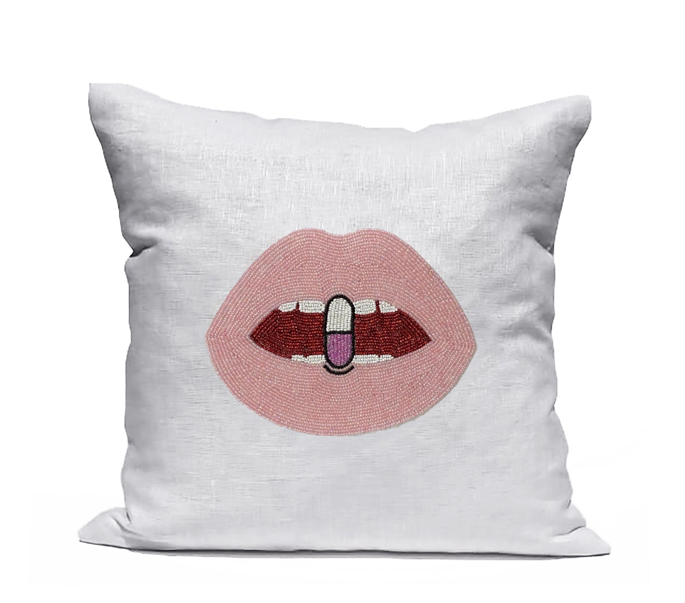 Amore Beaute White Linen With Pink Lips Chill Pill Pillow Cover, dorm pillow cover