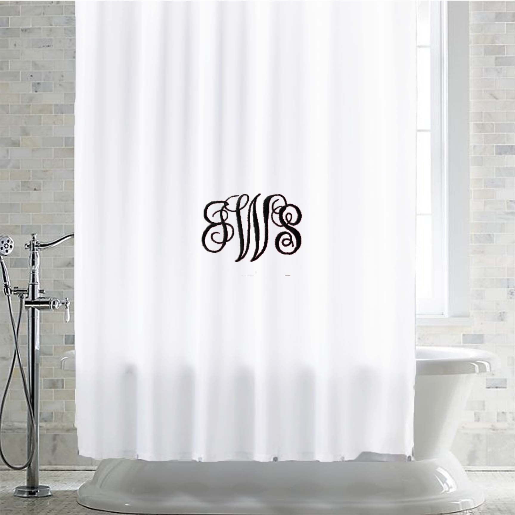 Amore Beaute white shower curtain panel is monogrammed in font style and thread color of your choice.