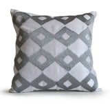 Handmade white silk silver throw pillows with ikat embroidery