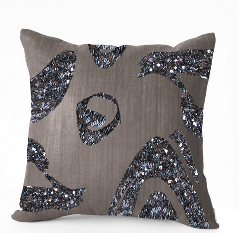 Handmade gray metallic throw pillow with sequin and embroidery