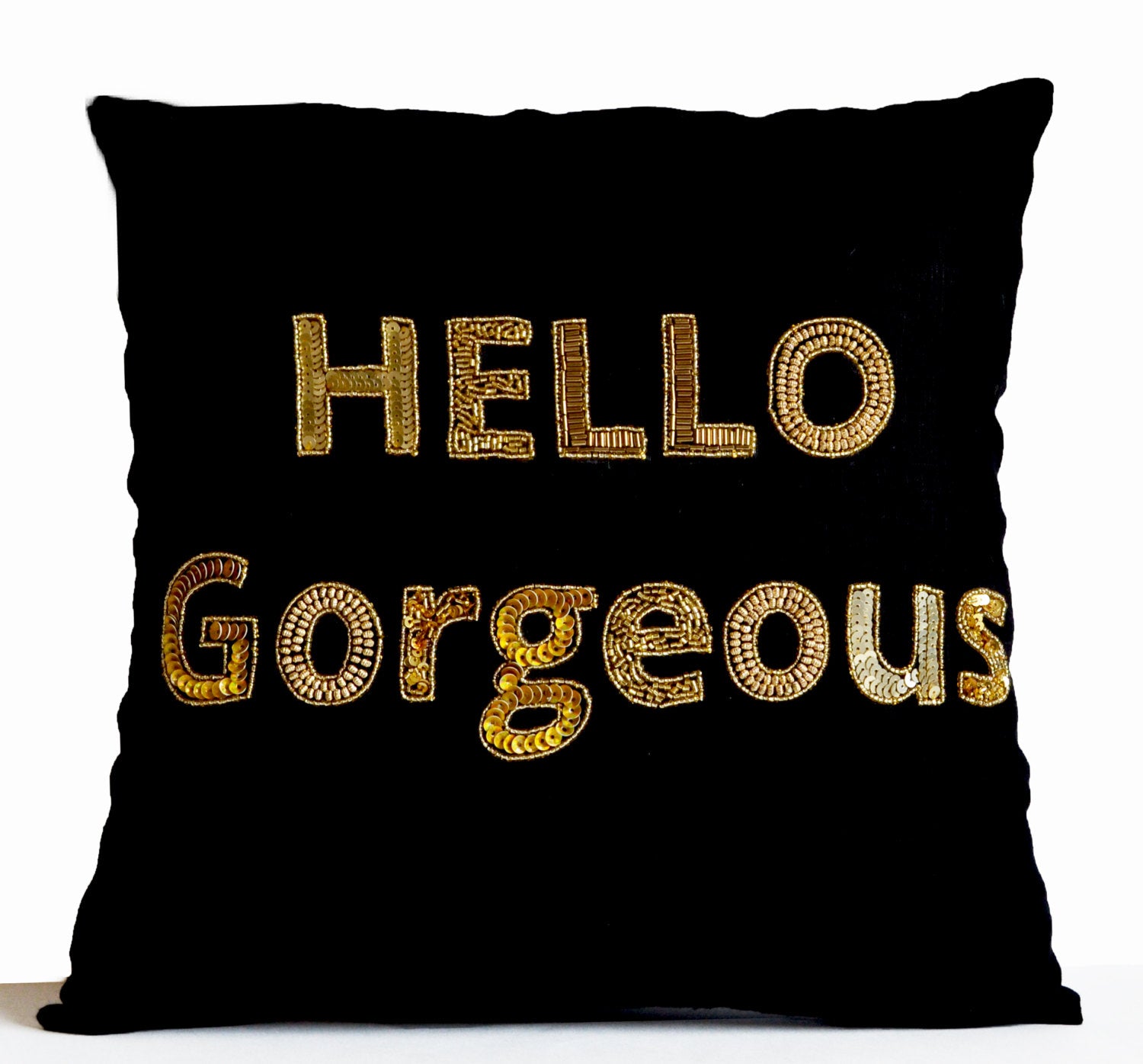 Amore Beaute Hello Gorgeous Pillow, Gold Sequins Pillow Cover, Beaded Throw Pillows, Black Gold Sequin Pillows
