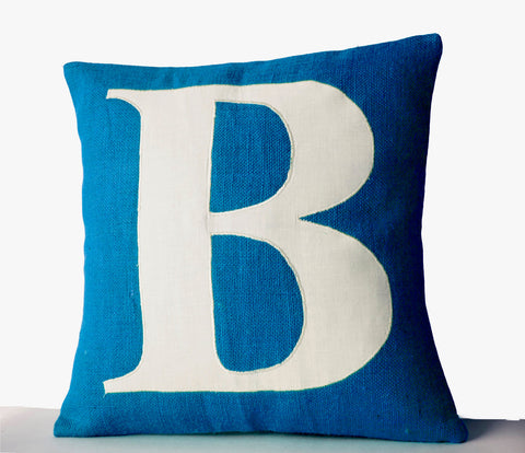 Amore Beaute Blue Pillow Covers, Personalized Monogram Pillow, Burlap pillow Cover