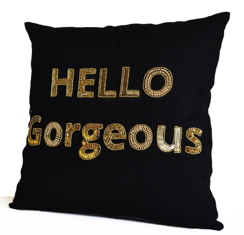 Amore Beaute Hello Gorgeous Pillow, Gold Sequins Pillow Cover, Beaded Throw Pillows, Black Gold Sequin Pillows