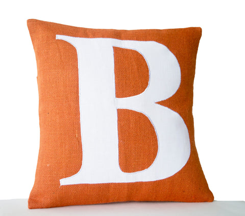 Monogram Pillow Cover, Initial Pillow Orange White Typography Pillow