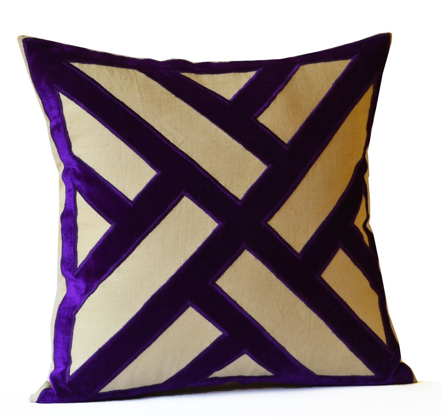 Amore Beaute Throw pillow cover in grey linen with purple velvet applique pillow cover to create a textured geometric pattern.