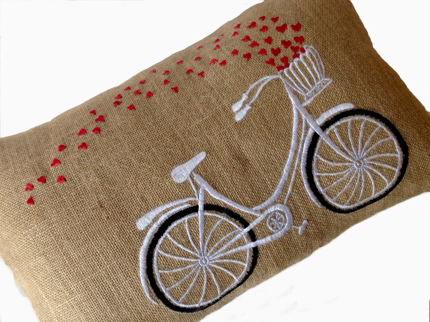 burlap pillow with bicycle embroidery