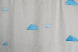 Amore Beaute Ivory linen curtains with clouds embroidered on it in shades of blue thread, dorm room curtain