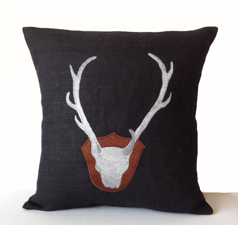 Amore Beaute Deer Pillow Cover, Deer Antler Pillow In Black Burlap With Exquisitely Embroidered Deer Cushion