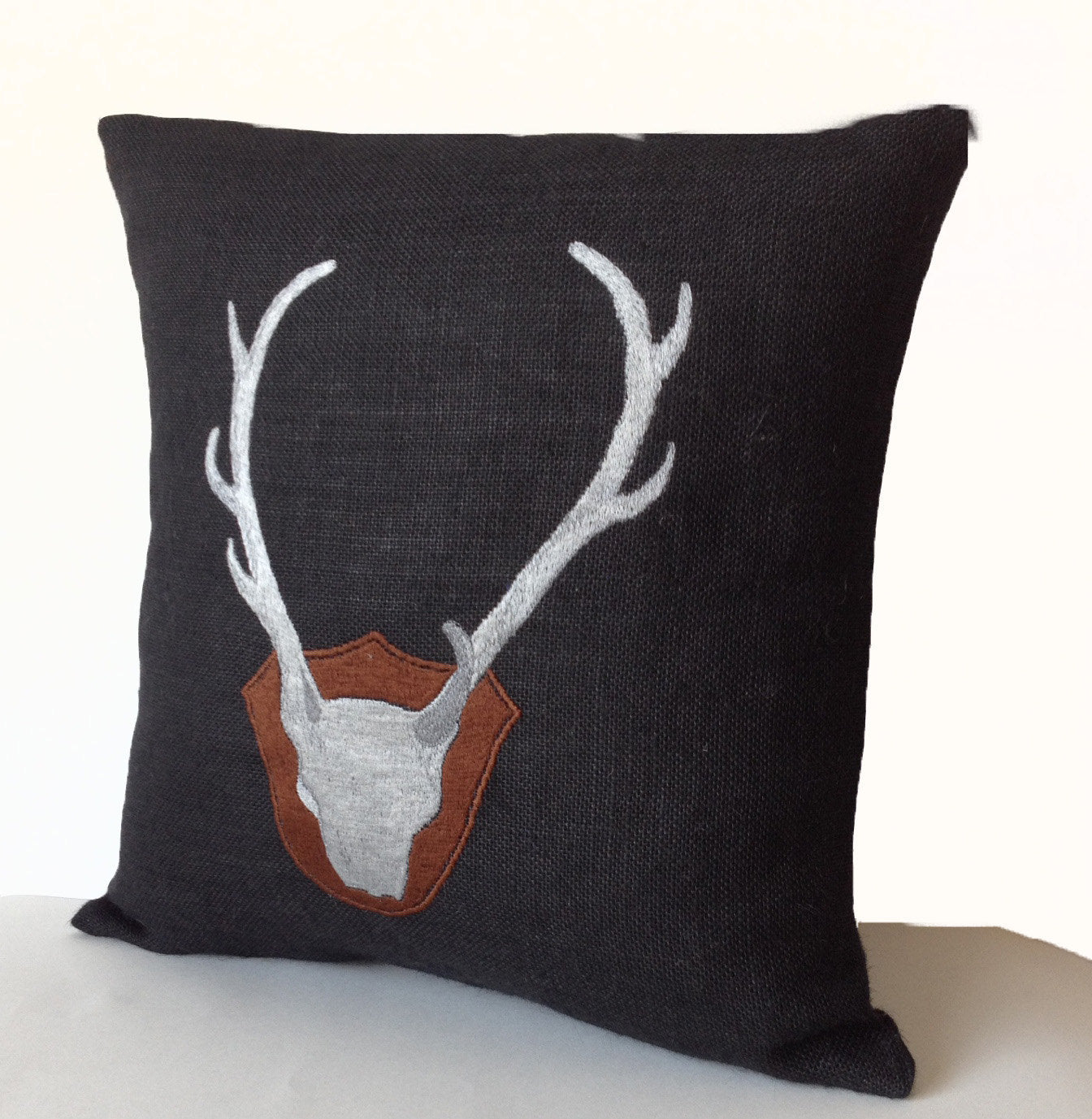 Amore Beaute Deer Pillow Cover, Deer Antler Pillow In Black Burlap With Exquisitely Embroidered Deer Cushion