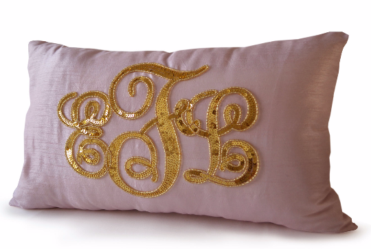 Handmade silk throw pillow with gold sequin and custom monogram
