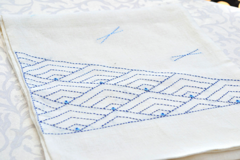 Amore Beaute Table runner with sashiko embroidery in blue Handmade table runner Japanese embroidery table linen