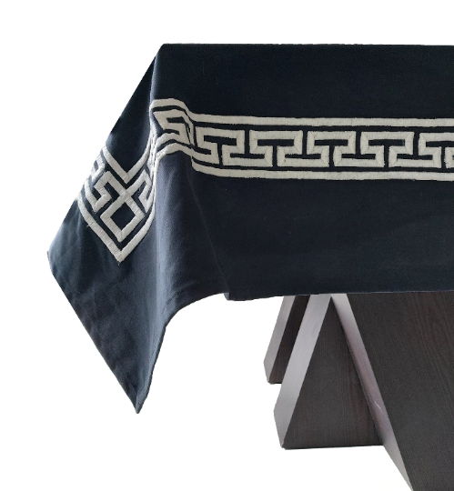 Amore Beaute  Table Cloth, Navy Blue Cotton Table Linen, Gray Greek Key Embroidery, Party Table Linen, Housewarming Gift