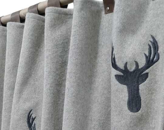 Amore Beaute Embroidered Antelope window and door curtains in lovely wool felt fabric.