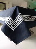 Amore Beaute Table Cloth, Navy Blue Cotton Table Linen, Gray Greek Key Embroidery, Party Table Linen, Housewarming Gift