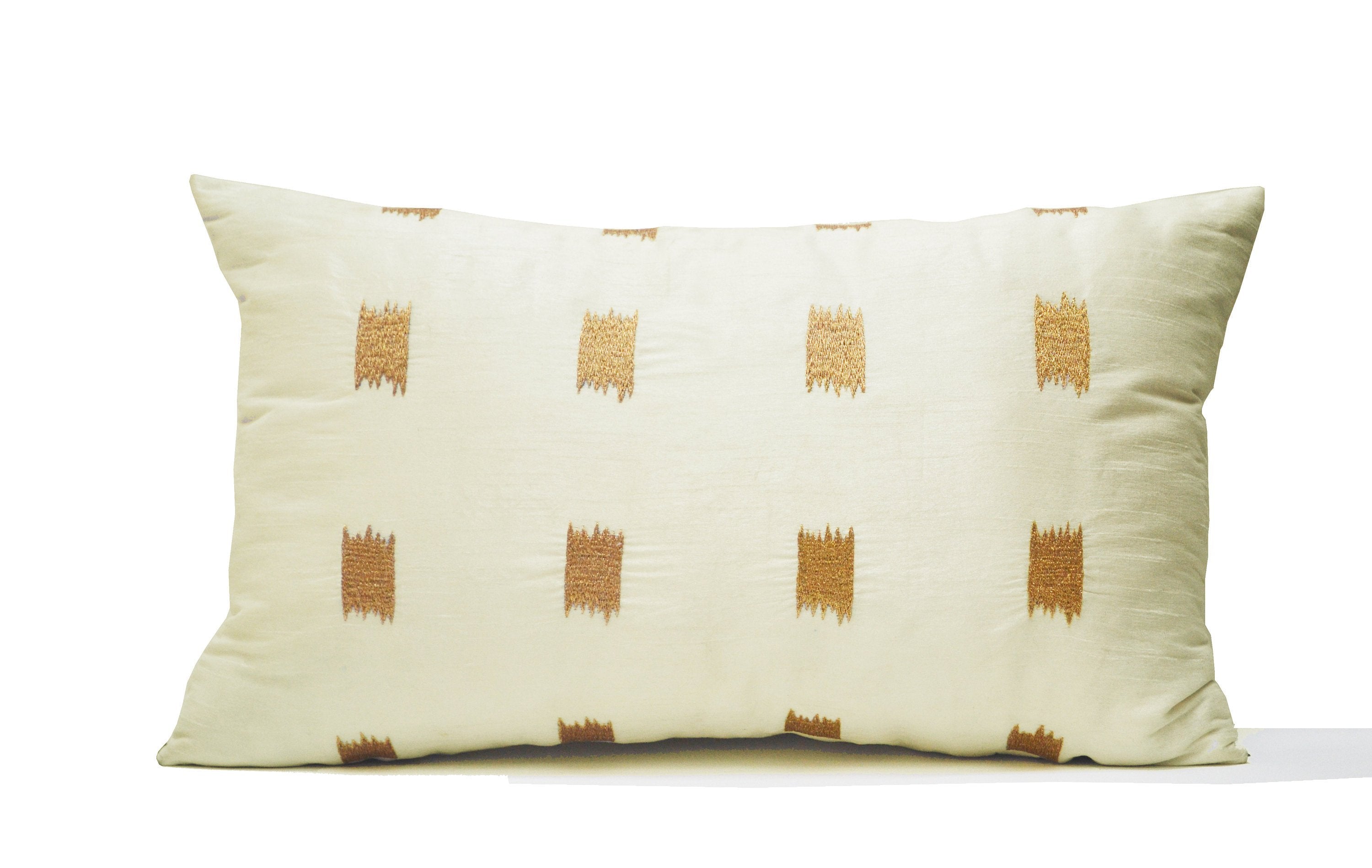 Amore Beaute Ivory Silk Pillow Cover, Ikat Pillow, Lumbar Pillow, Embroidery Embroidered,