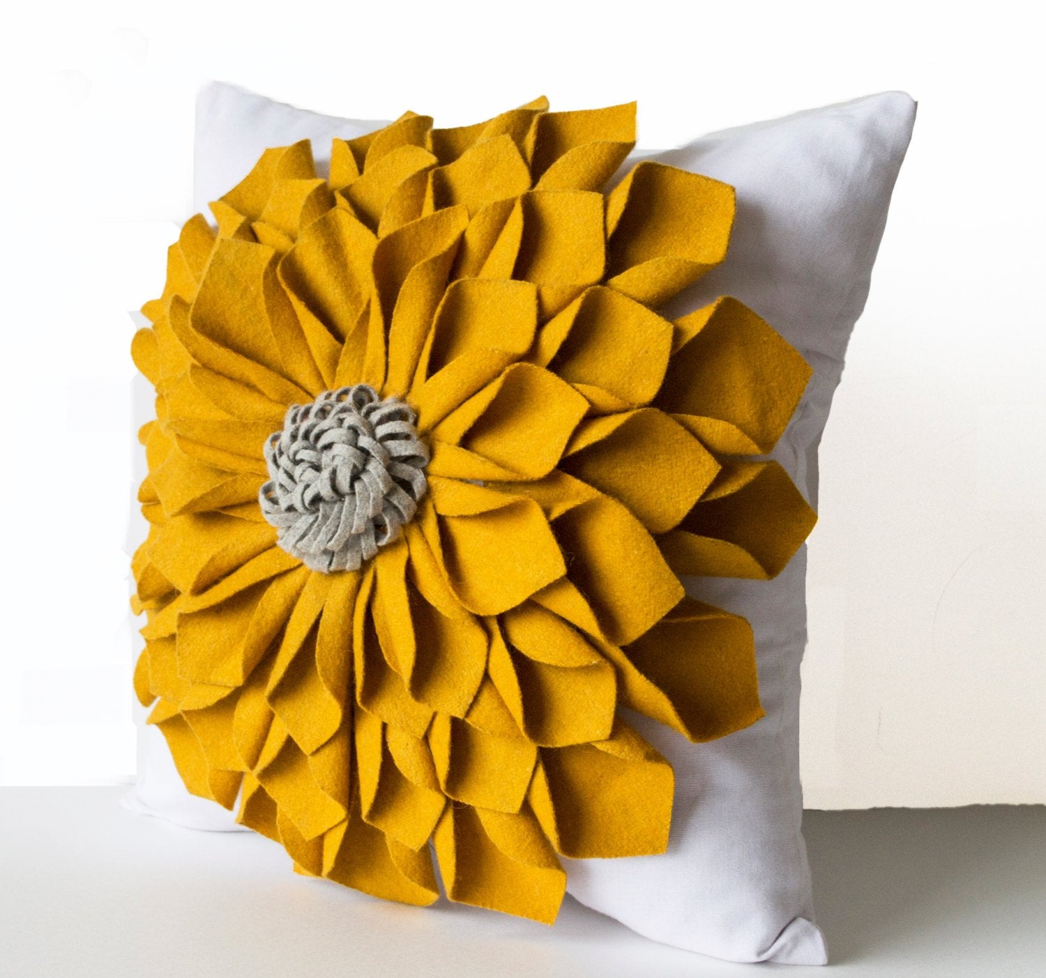 Amore Beaute Dorm Pillow, Felt Flower Pillow Cover, Mustard Gray White Pillow Case