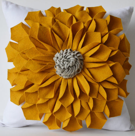 Amore Beaute Dorm Pillow, Felt Flower Pillow Cover, Mustard Gray White Pillow Case